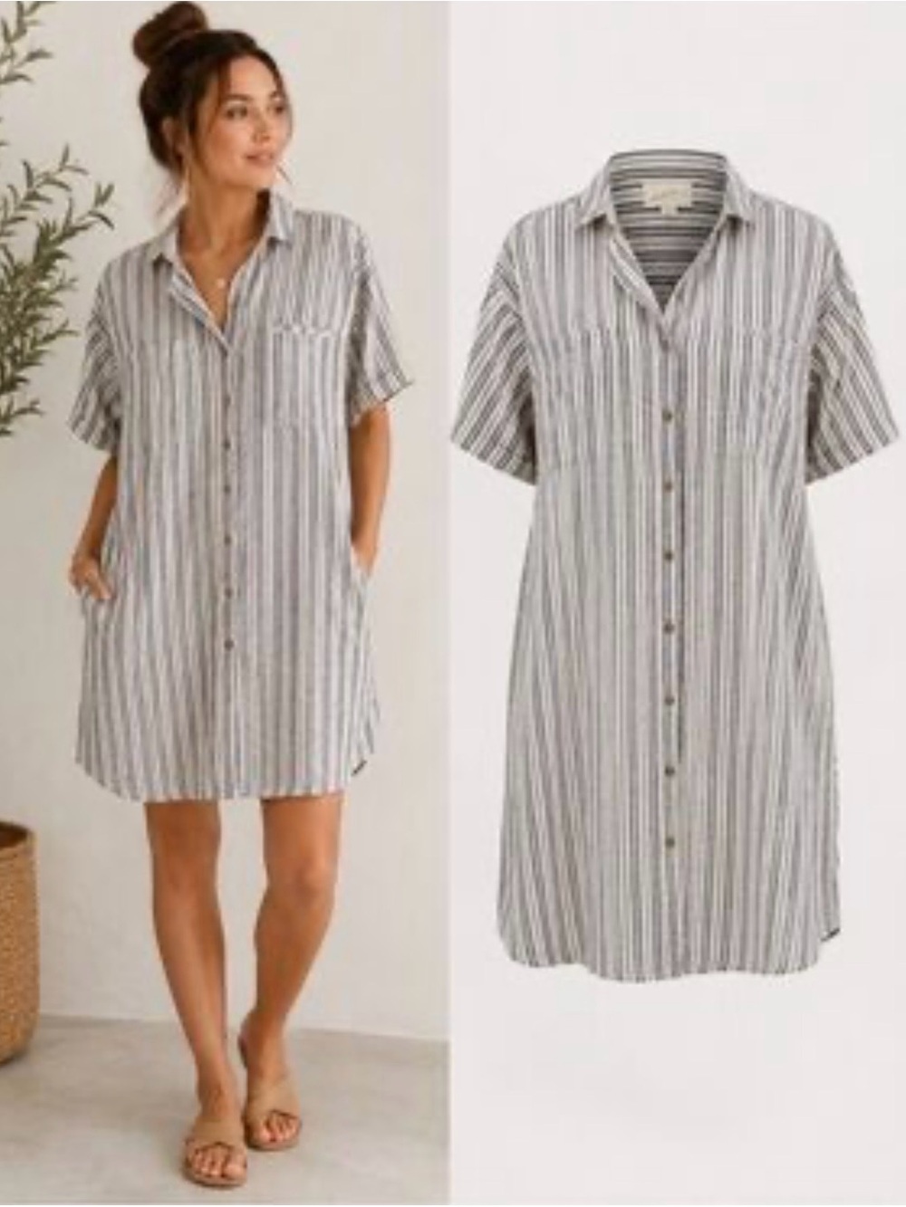 Universal Thread Striped Button-Front Mini Dress in Gray and White